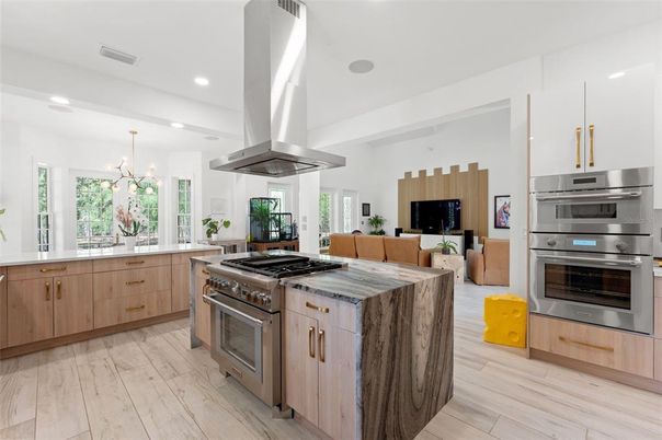 Interior, Kitchen, Living room, Pendant Lights, Recessed Lighting, Stainless Steel Appliances, Wood Texture Flooring
