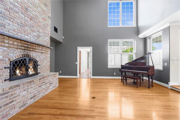Fireplace, Interior, Piano, Stone Walls, Wood Texture Flooring