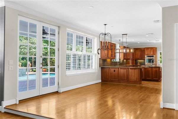 Interior, Kitchen, Pendant Lights, Recessed Lighting, Stainless Steel Appliances, Wood Texture Flooring