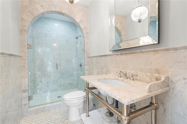 Bathroom, Glass Shower, Interior, Marble Walls, Pendant Lights