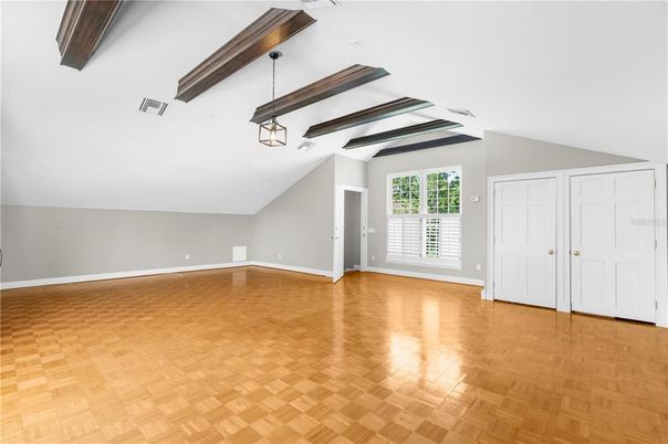 Empty room, Interior, Pendant Lights, Wooden Beams, Wood Texture Flooring