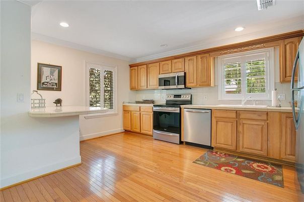 Interior, Kitchen, Recessed Lighting, Stainless Steel Appliances, Wood Texture Flooring