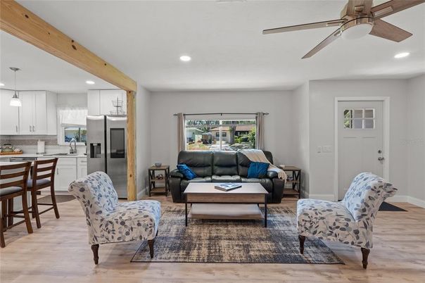Interior, Kitchen, Living room, Pendant Lights, Recessed Lighting, Stainless Steel Appliances, Wood Texture Flooring