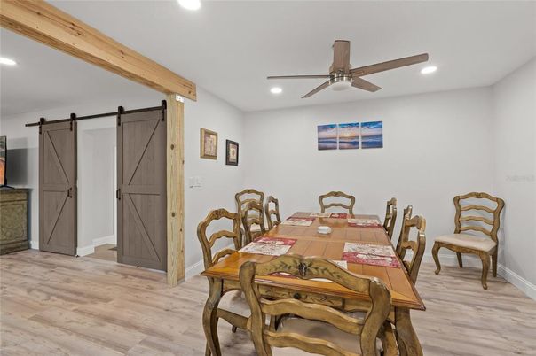 Dining room, Interior, Recessed Lighting, Wooden Beams, Wood Texture Flooring