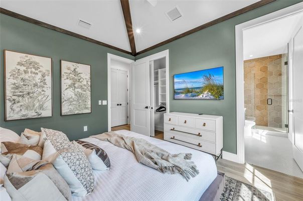 Bedroom, Interior, Recessed Lighting, Wooden Beams, Wood Texture Flooring