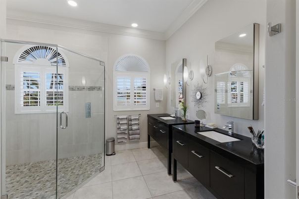 Bathroom, Dual Sink Vanities, Glass Shower, Interior, Recessed Lighting