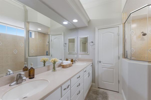 Bathroom, Dual Sink Vanities, Glass Shower, Interior, Recessed Lighting