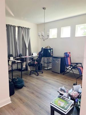 Chandelier, Home Office, Interior, Wood Texture Flooring