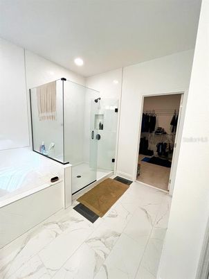 Bathroom, Glass Shower, Interior, Marble, Recessed Lighting