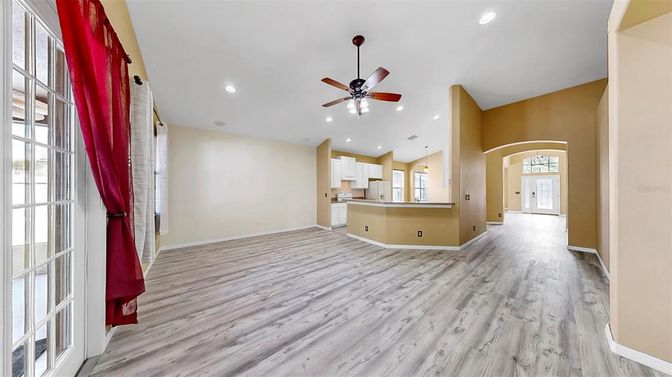 Empty room, Interior, Kitchen, Recessed Lighting, Wood Texture Flooring