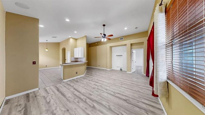 Empty room, Interior, Pendant Lights, Recessed Lighting, Wood Texture Flooring