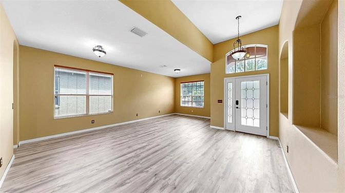 Empty room, Interior, Pendant Lights, Wood Texture Flooring