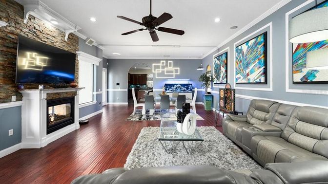 Dining room, Fireplace, Interior, Kitchen, Living room, Pendant Lights, Recessed Lighting, Stone Walls, Wood Texture Flooring