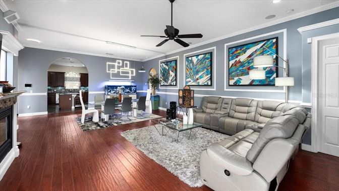 Dining room, Fireplace, Interior, Kitchen, Living room, Pendant Lights, Recessed Lighting, Wood Texture Flooring