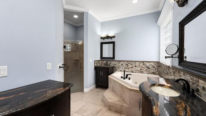 Bathroom, Dual Sink Vanities, Glass Shower, Interior, Recessed Lighting