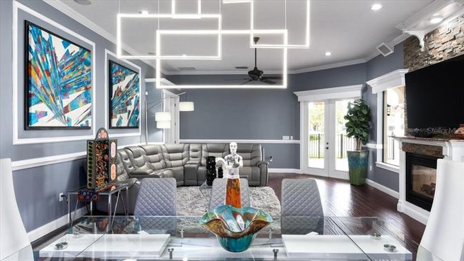Fireplace, Interior, Living room, Recessed Lighting, Wood Texture Flooring