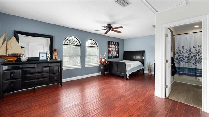 Bedroom, Interior, Recessed Lighting, Wood Texture Flooring