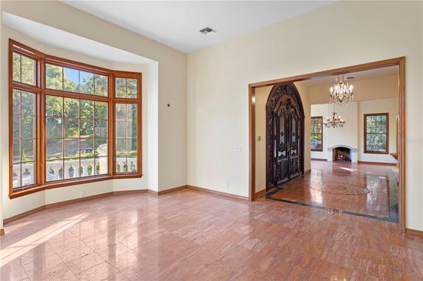 Chandelier, Empty room, Fireplace, Interior