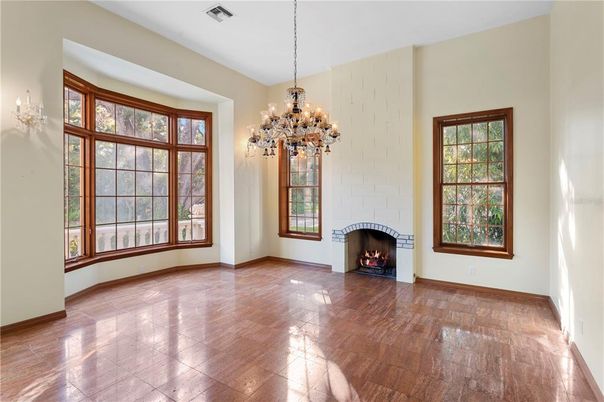 Chandelier, Empty room, Fireplace, Interior
