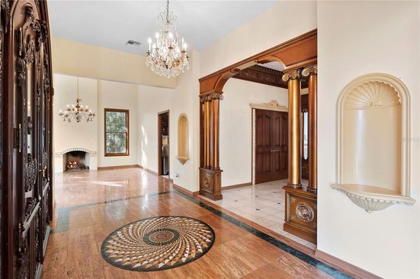 Chandelier, Fireplace, Interior