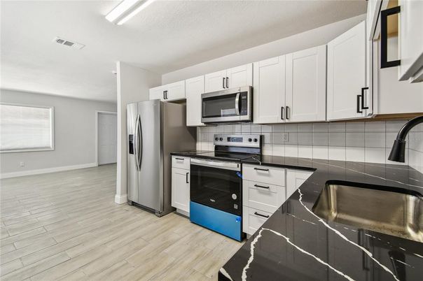 Interior, Kitchen, Stainless Steel Appliances, Wood Texture Flooring