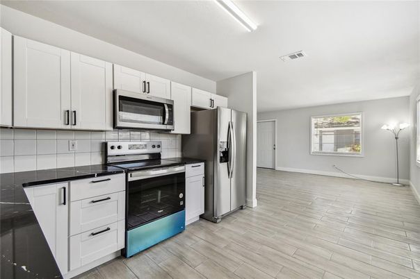 Interior, Kitchen, Stainless Steel Appliances, Wood Texture Flooring