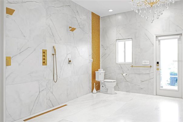 Bathroom, Chandelier, Interior, Marble Walls, Recessed Lighting