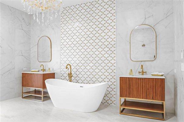 Bathroom, Chandelier, Free Standing Baths, Interior, Marble, Marble Walls