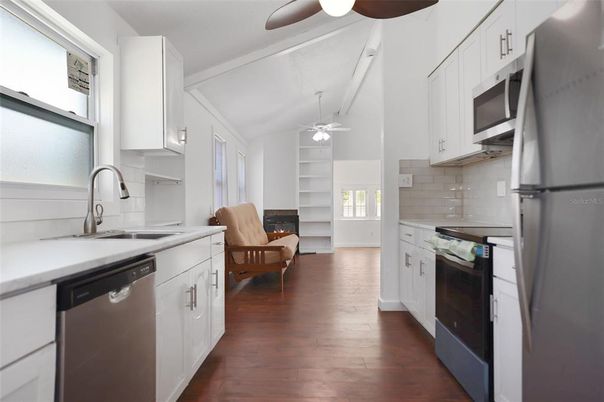 Interior, Kitchen, Pendant Lights, Stainless Steel Appliances, Wood Texture Flooring