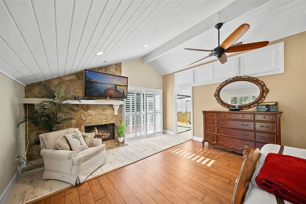 Fireplace, Interior, Living room, Recessed Lighting, Wood Texture Flooring