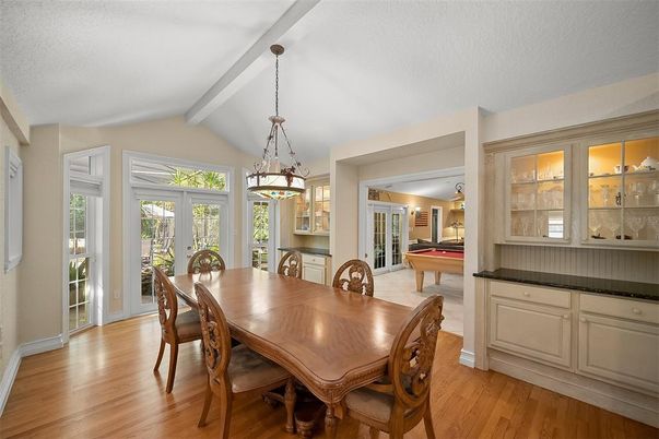 Billiard Table, Dining room, Game Room, Interior, Pendant Lights, Wood Texture Flooring