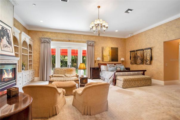 Bedroom, Chandelier, Fireplace, Interior, Living room, Recessed Lighting