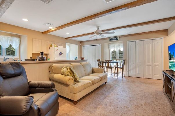 Dining room, Interior, Kitchen, Living room, Recessed Lighting, Wooden Beams
