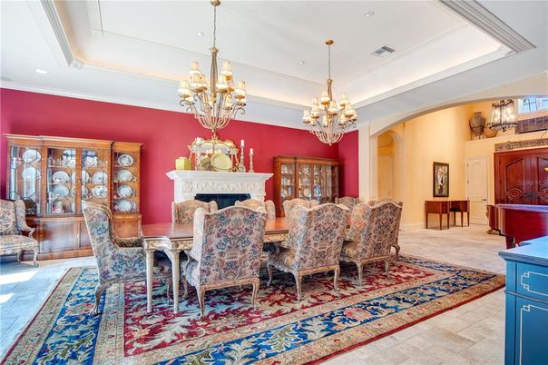 Chandelier, Dining room, Fireplace, Interior, Recessed Lighting