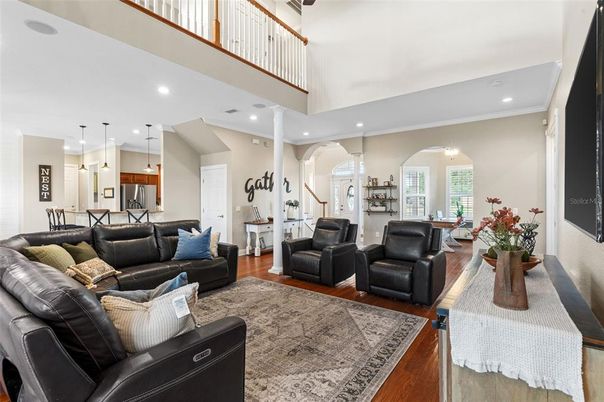 Dining room, Interior, Kitchen, Living room, Pendant Lights, Recessed Lighting, Wood Texture Flooring