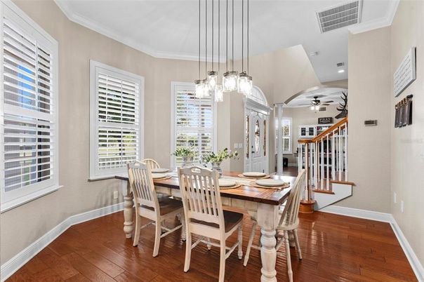 Dining room, Interior, Pendant Lights, Recessed Lighting, Wood Texture Flooring