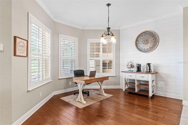 Home Office, Interior, Pendant Lights, Wood Texture Flooring