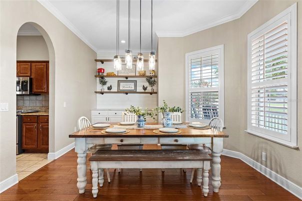 Dining room, Interior, Kitchen, Pendant Lights, Wood Texture Flooring
