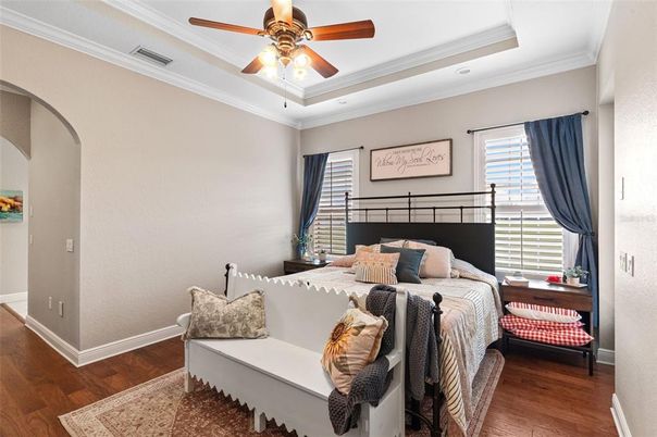 Bedroom, Interior, Recessed Lighting, Wood Texture Flooring