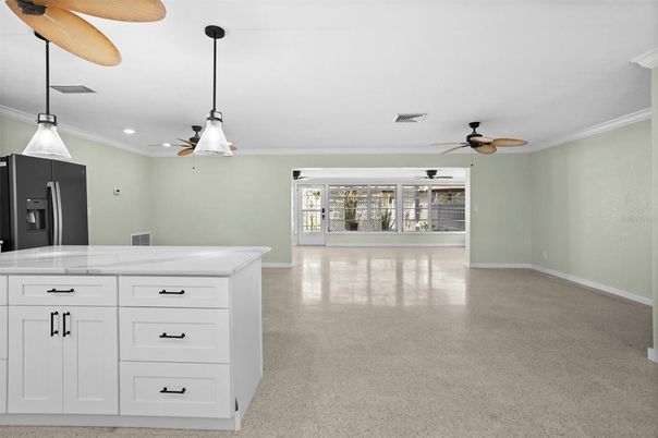 Empty room, Interior, Kitchen, Pendant Lights, Recessed Lighting