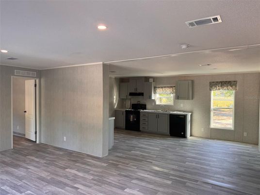 Empty room, Interior, Kitchen, Recessed Lighting, Wood Texture Flooring