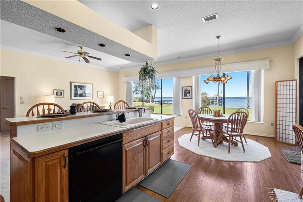 Dining room, Interior, Kitchen, Pendant Lights, Recessed Lighting, Water, Wood Texture Flooring