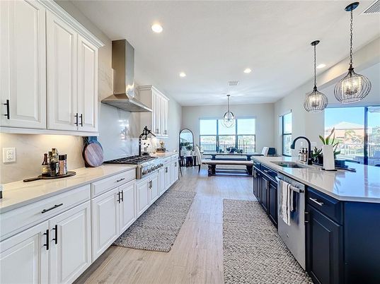 Dining room, Interior, Kitchen, Living room, Pendant Lights, Recessed Lighting, Wood Texture Flooring