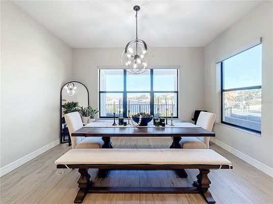 Dining room, Interior, Pendant Lights, Wood Texture Flooring