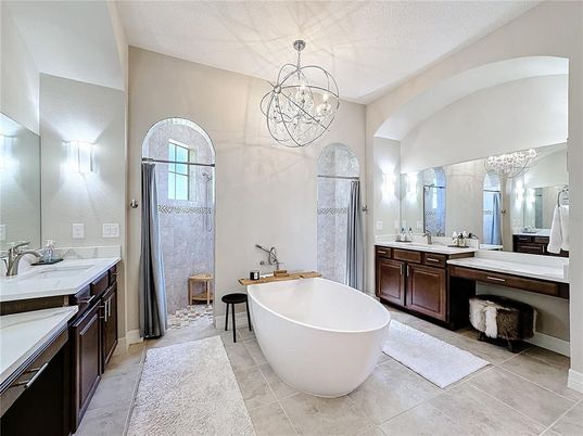 Bathroom, Chandelier, Dual Sink Vanities, Free Standing Baths, Interior, Pendant Lights