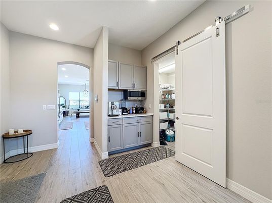 Interior, Kitchen, Pendant Lights, Recessed Lighting, Wood Texture Flooring