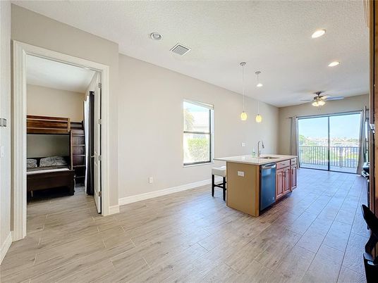 Bedroom, Interior, Kitchen, Pendant Lights, Recessed Lighting, Wood Texture Flooring