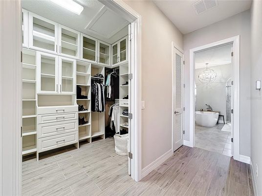 Bathroom, Chandelier, Free Standing Baths, Interior, Walk-in Closets, Wood Texture Flooring