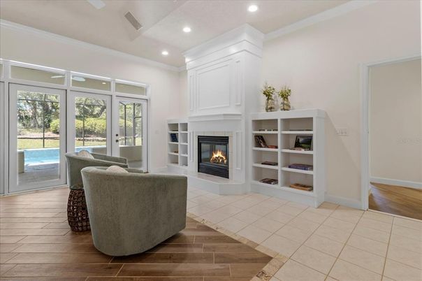 Fireplace, Interior, Living room, Recessed Lighting, Wood Texture Flooring