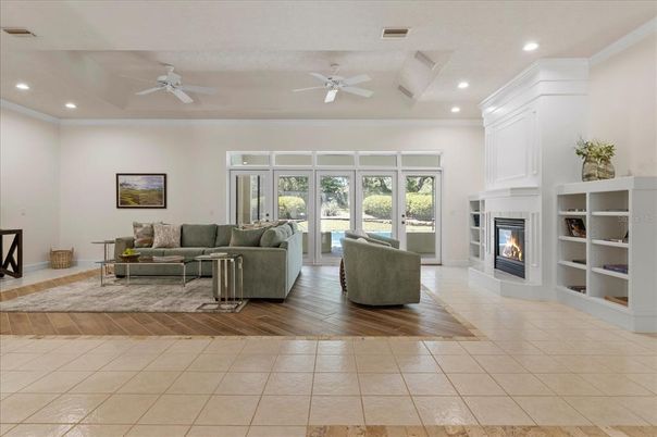 Fireplace, Interior, Living room, Recessed Lighting, Wood Texture Flooring